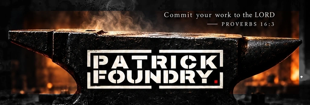 Patrick Foundry logo on an anvil with rising smoke