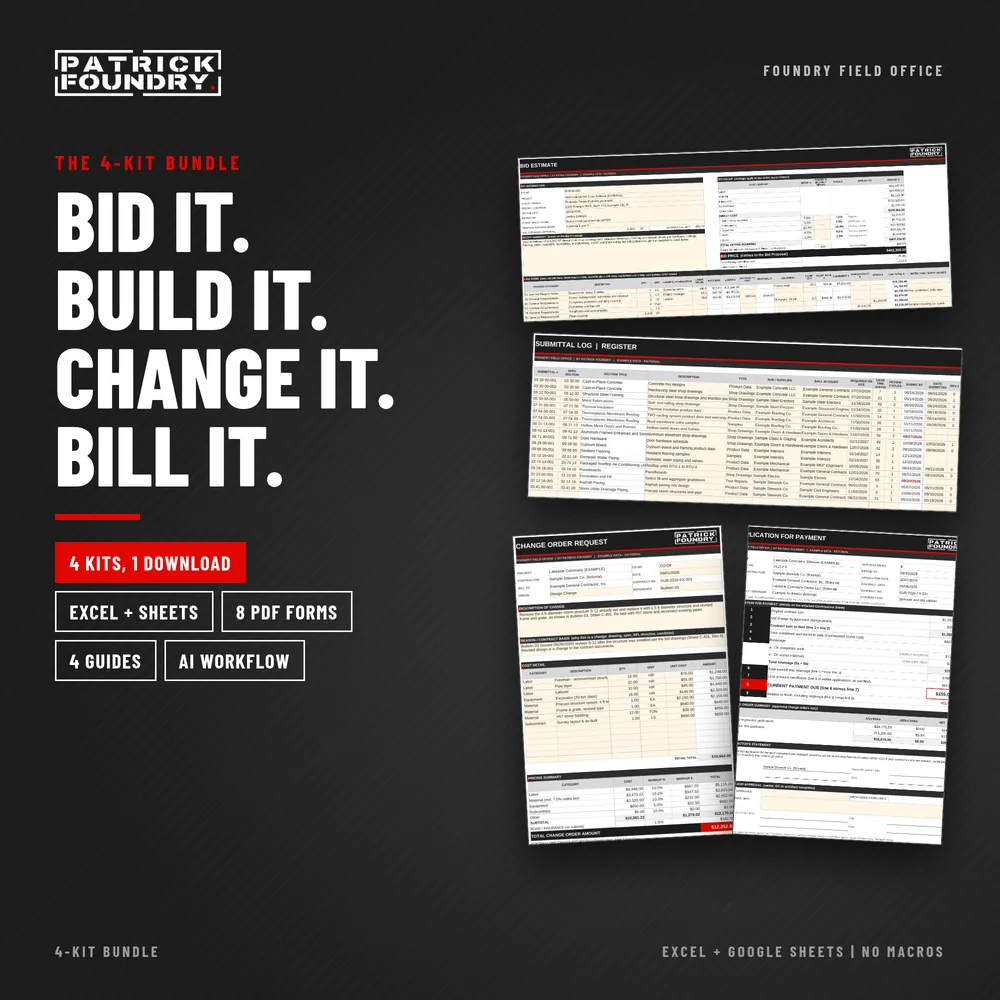 Foundry Field Office 4-Kit Bundle cover: estimate, submittal log, change order request and pay application