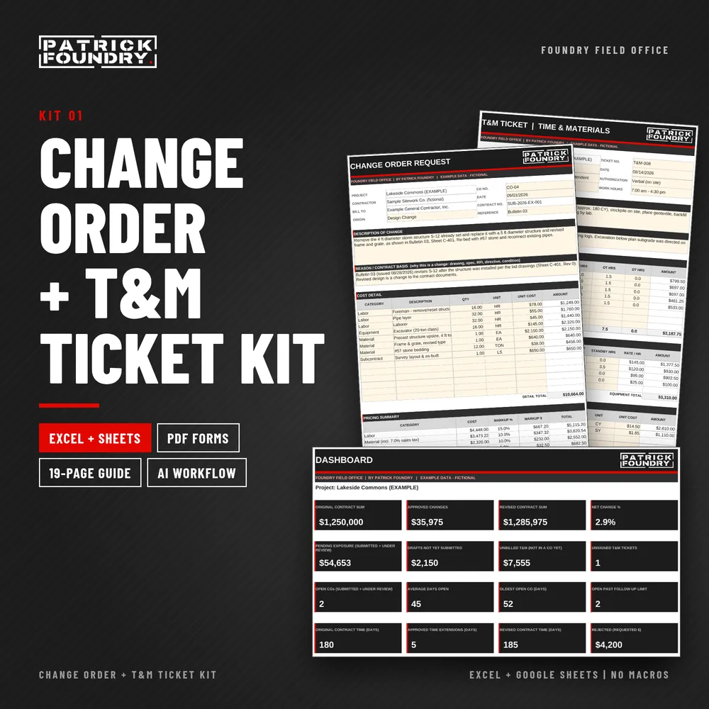 Change Order + T&M Ticket Kit: Excel and Google Sheets workbook, PDF forms, 19-page guide