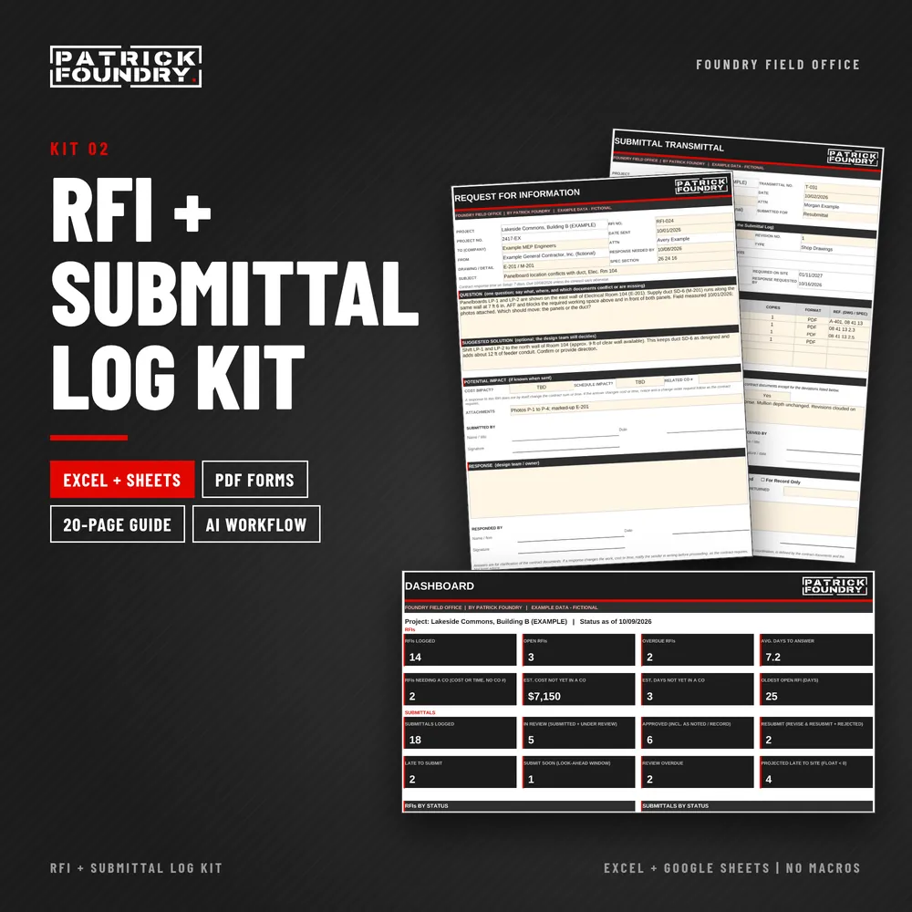 RFI + Submittal Log Kit: Excel and Google Sheets workbook, PDF forms, 20-page guide
