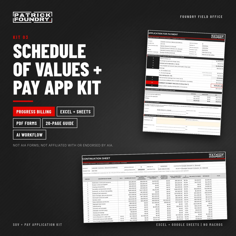 Schedule of Values and Pay Application Kit cover with the application summary and continuation sheet
