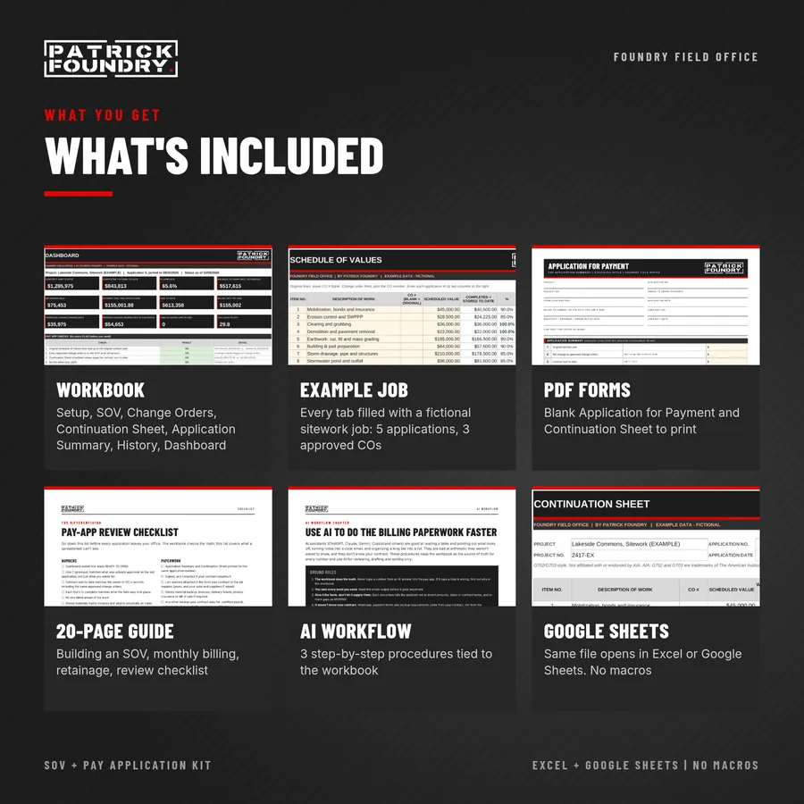 What is included: Excel and Google Sheets workbook, example job, PDF forms, 20-page guide