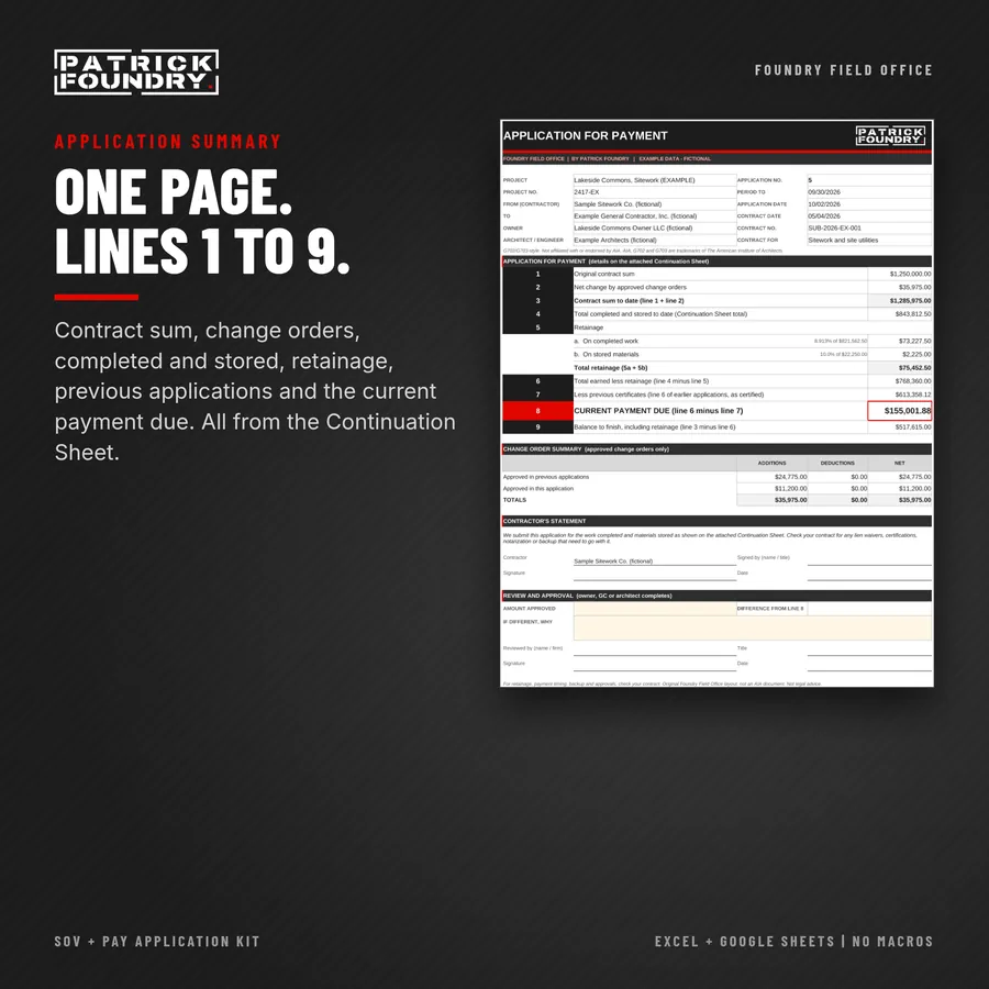 One-page application for payment summary, lines 1 to 9