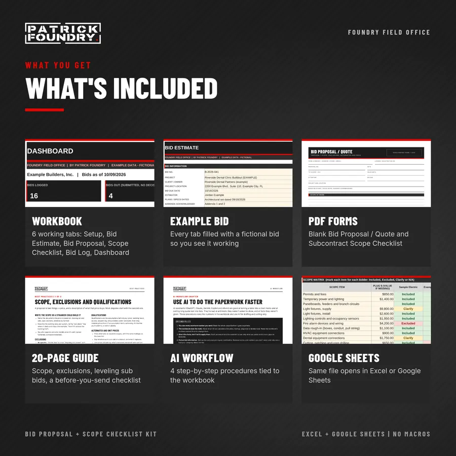 What is included: Excel and Google Sheets workbook, example bid, PDF forms, 20-page guide