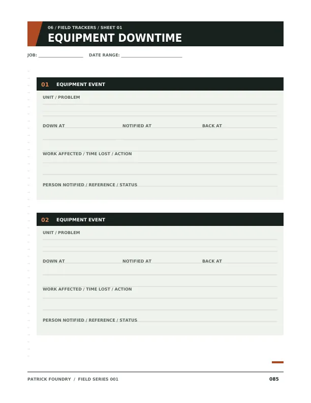 Custom equipment downtime tracker